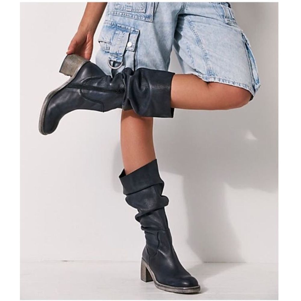 Free People Essential Knee High Boot Navy Blue Leather Size 38.5